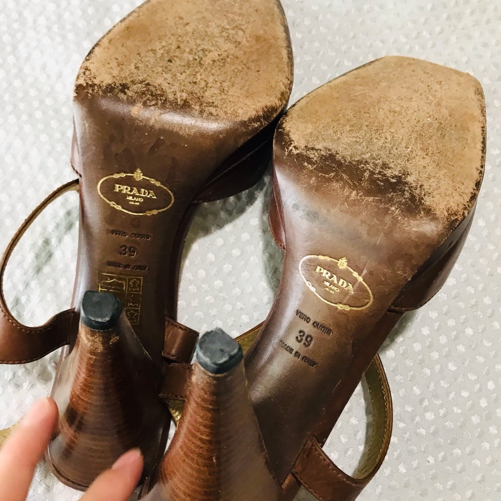 Prada Brown Leather Peep-Toe Slingback Heels - Picture 10 of 15